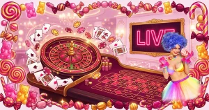 Slotbon canlı casino lobisi, rulet masası ve maskot Lollipop Lola