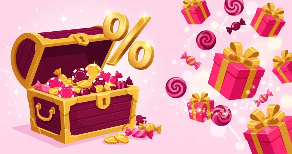 Slotbon bonus, altın paralar ve hediye kutularıyla dolu hazine sandığı