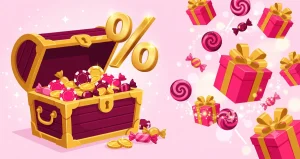 Slotbon bonus, altın paralar ve hediye kutularıyla dolu hazine sandığı