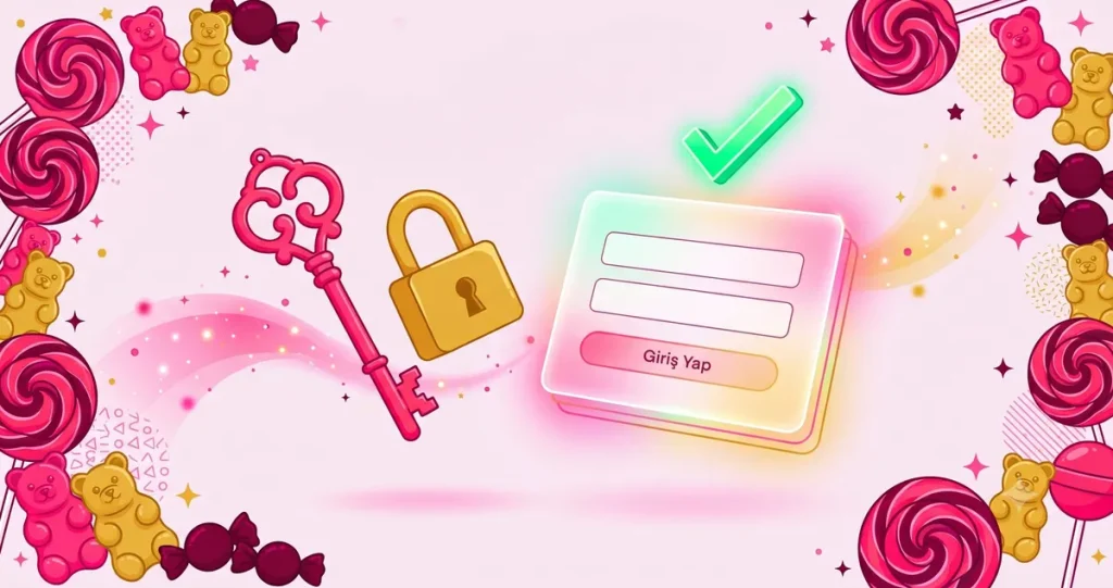 Slotbon giriş yap ekranı, pembe anahtar ve altın kilit ile şeker temalı tasarım