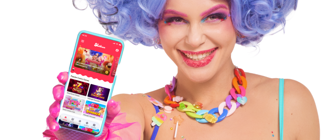 Slotbon maskotu Lollipop Lola mobil uygulamayı gösteriyor